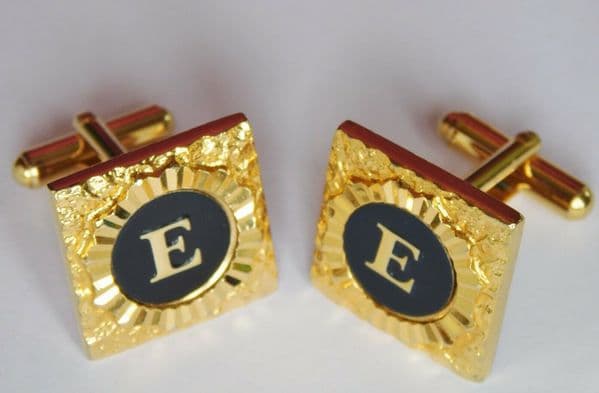 Goldtone cufflinks with initial letter E square with sparkly pattern pw